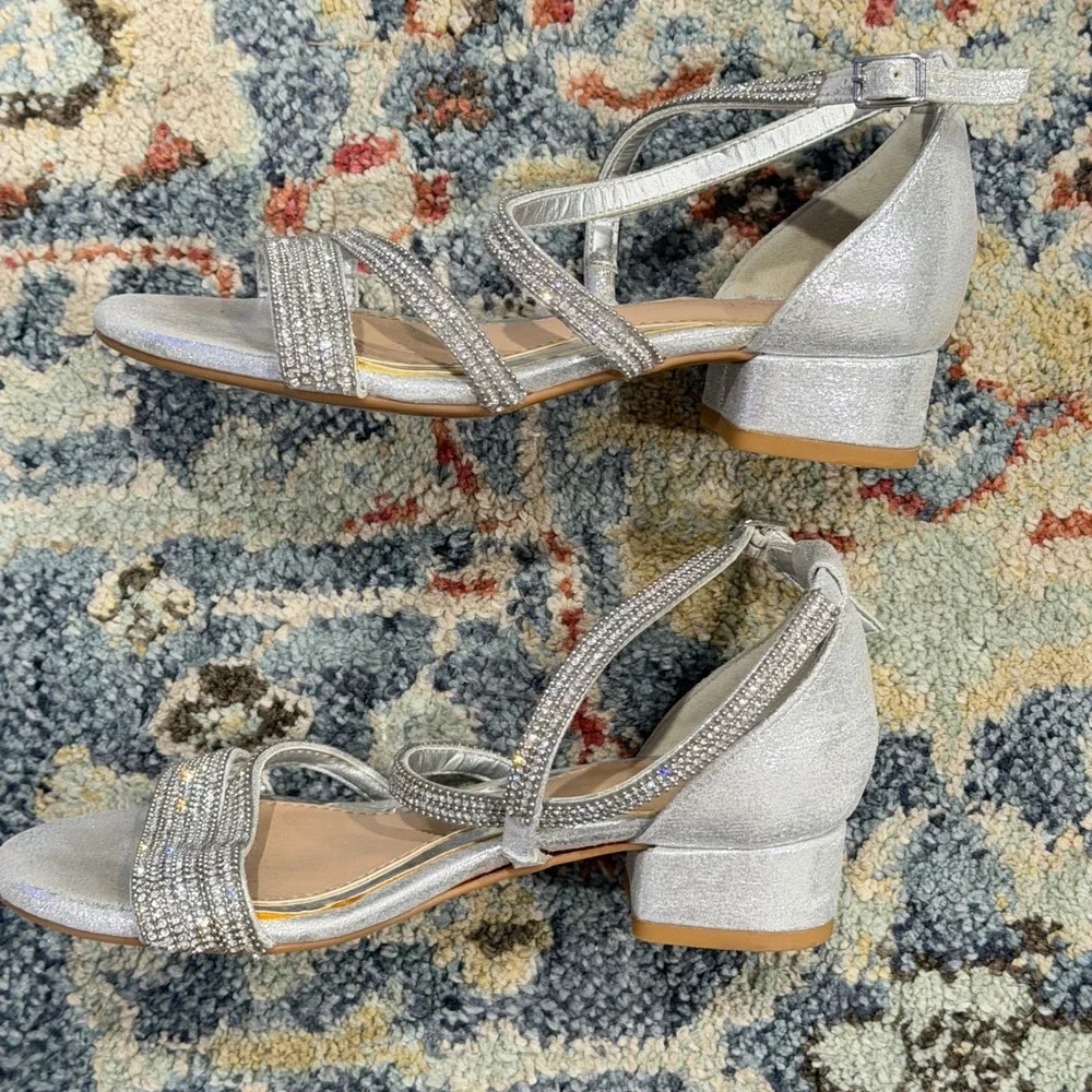 Copper Key Rhinestone Dress Sandals Girls 1 Silver Glitter Block Heel Glam GUC